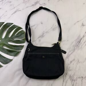 Travelon Cross Body Purse Bag Solid Black Nylon Travel Medium Leather Trim